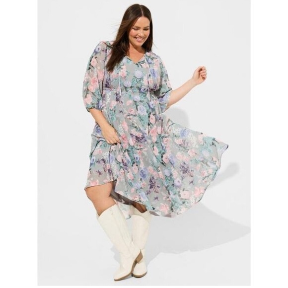 Torrid Women's Floral Print Maxi Dress Tie Neck Elastic Waist Flowy -Size 00 - Picture 1 of 15